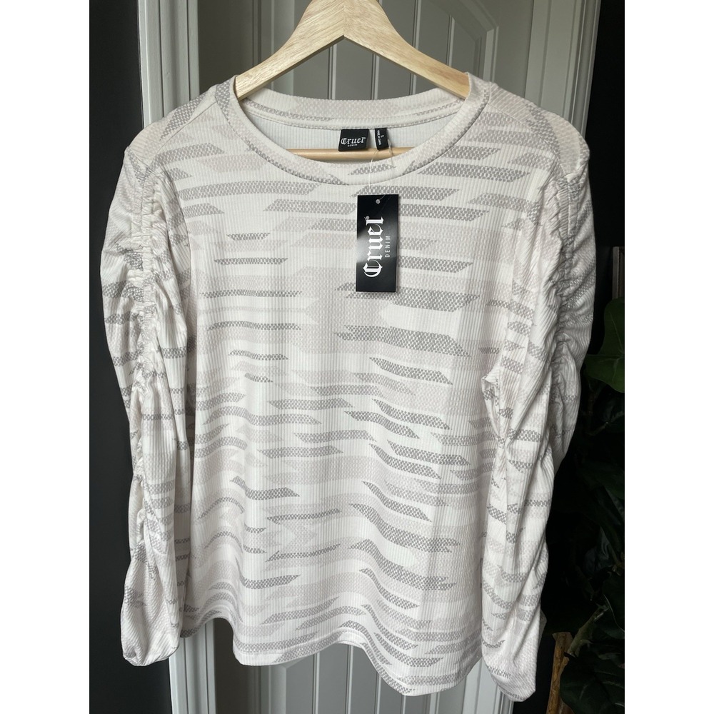 Cruel Denim Ruched Sleeve Knit Top Cream Geometric Ribbed CTK7484001 NWT